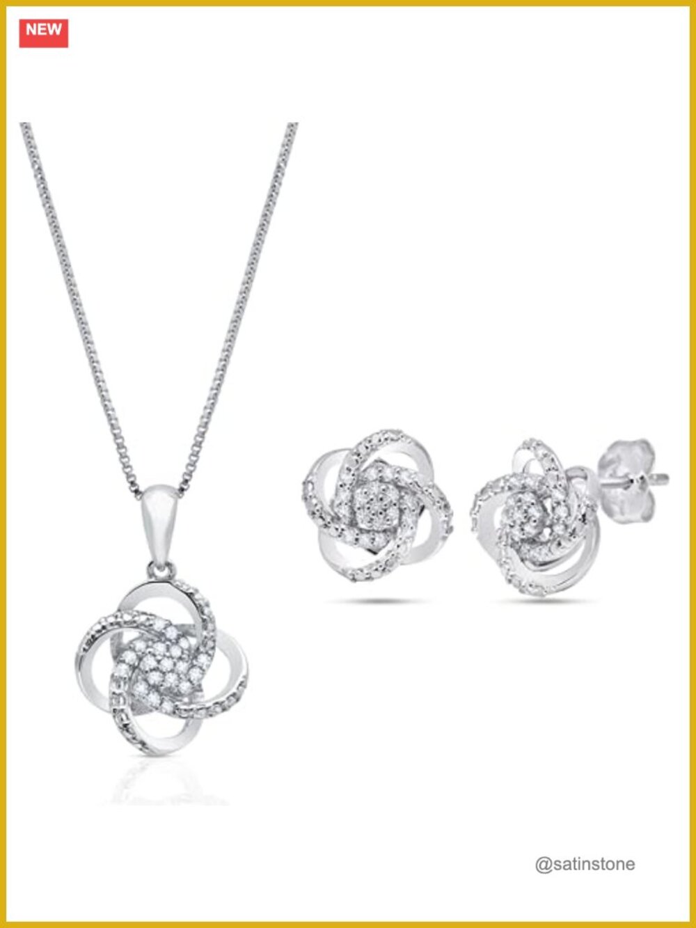 Diamond Love Knot Stud Earrings & Necklace Set 925 Sterling Silver